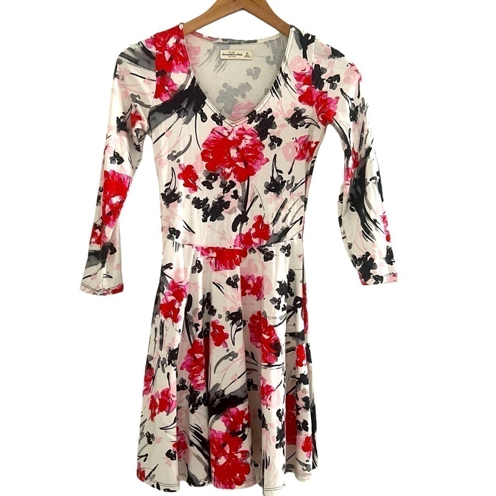 Abercrombie & Fitch Skater Dress Floral Red White Fit & Flare Short XS Stretchy